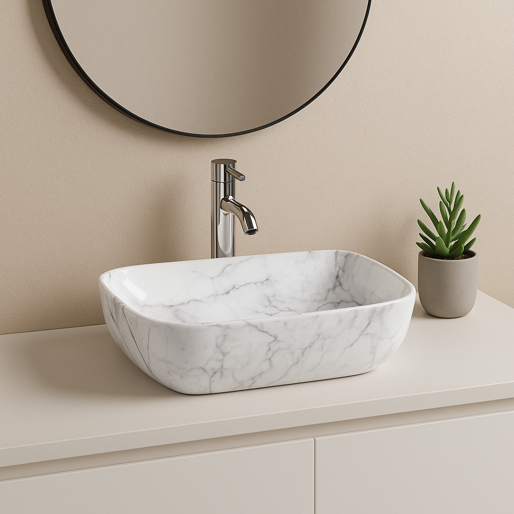 Modern white marble pattern rectangular vessel sink on bathroom vanity with chrome faucet and round mirror.
