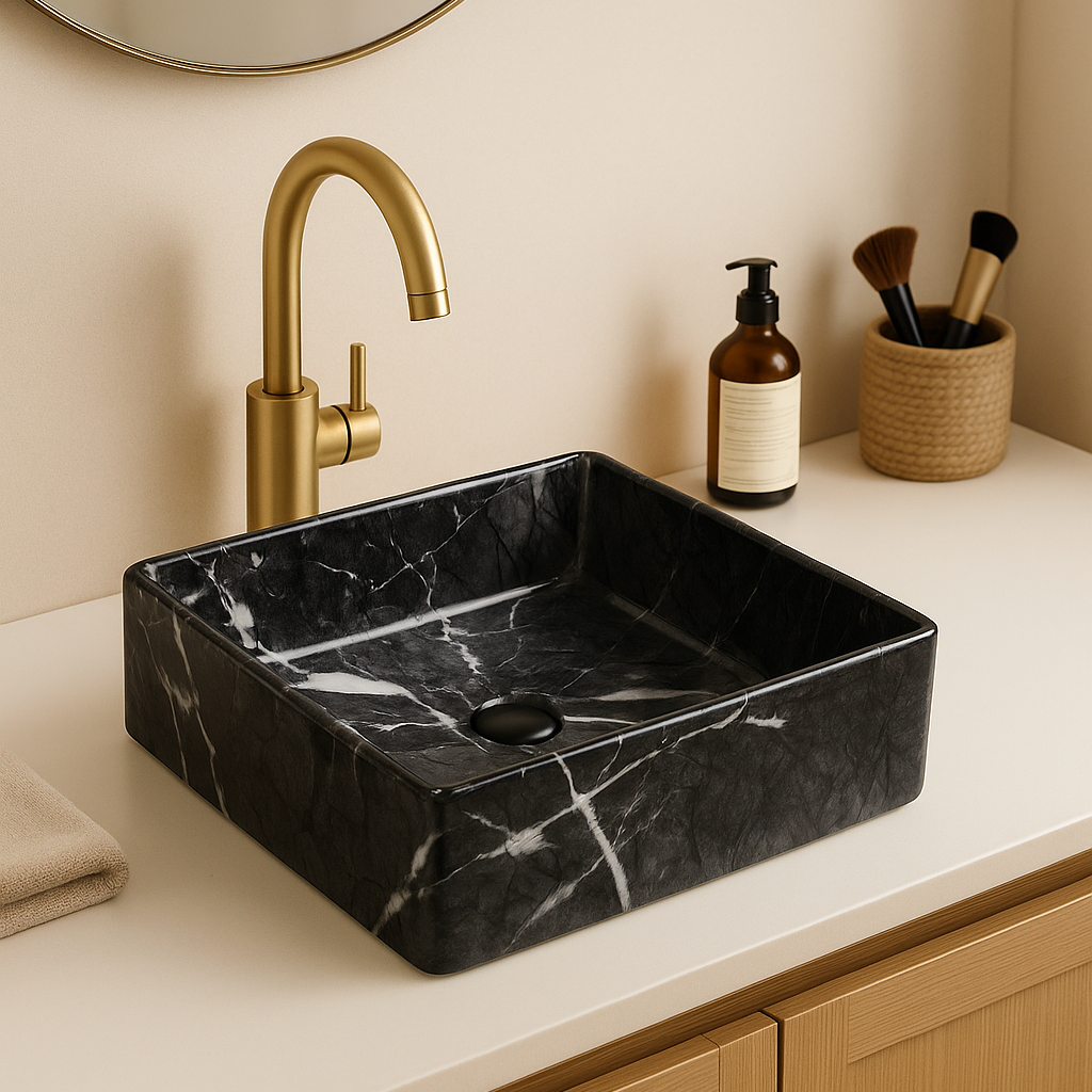 Square black marble vessel sink with white veining and brushed gold faucet on a modern bathroom vanity.