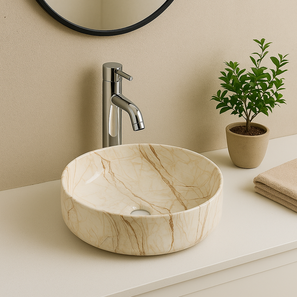 Modern round vessel sink with beige marble finish and sleek chrome faucet on a minimalist bathroom vanity.