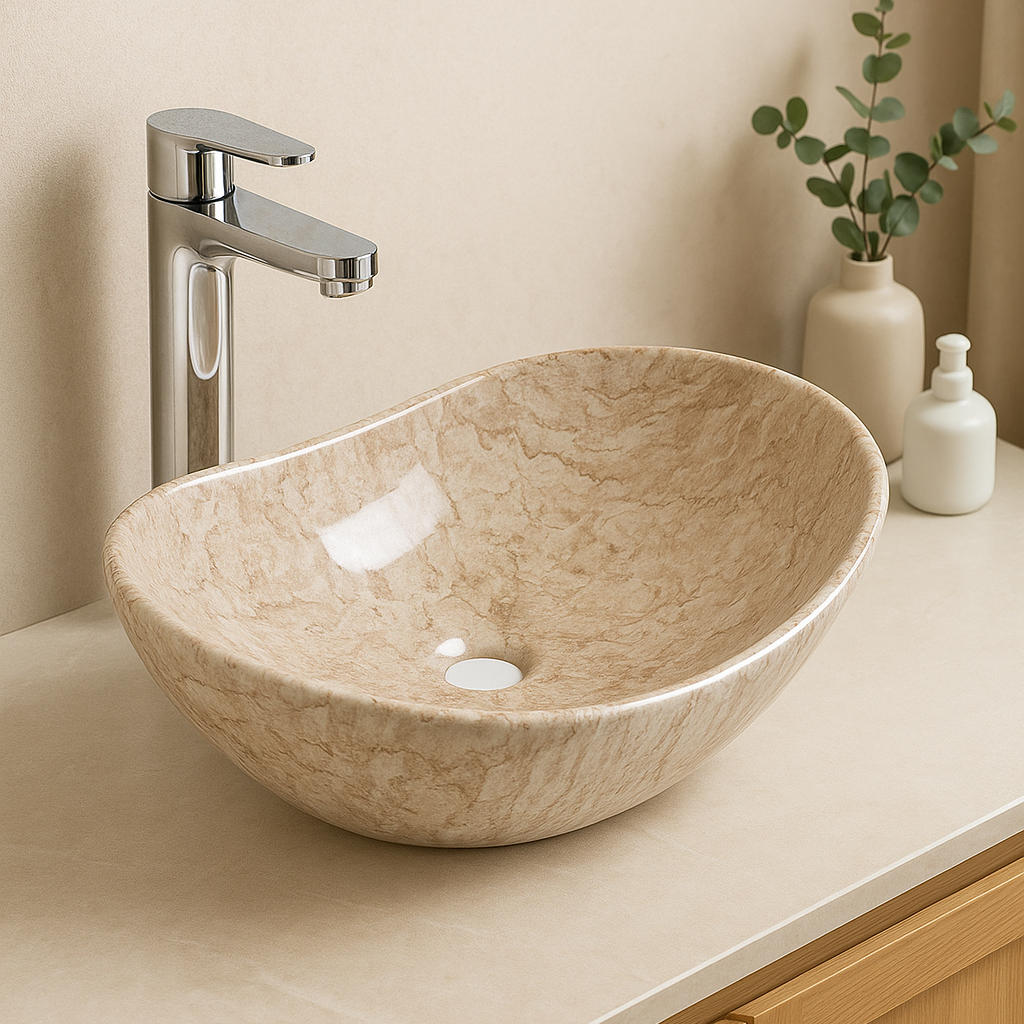 Modern oval beige marble vessel sink with chrome faucet in a contemporary neutral-toned bathroom.
