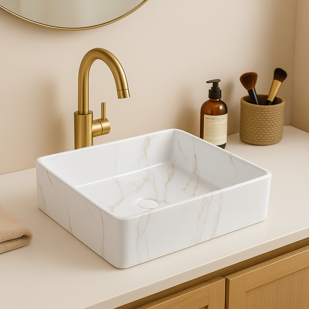 Square white marble vessel sink with gold veins and brushed gold faucet on a luxury bathroom vanity.