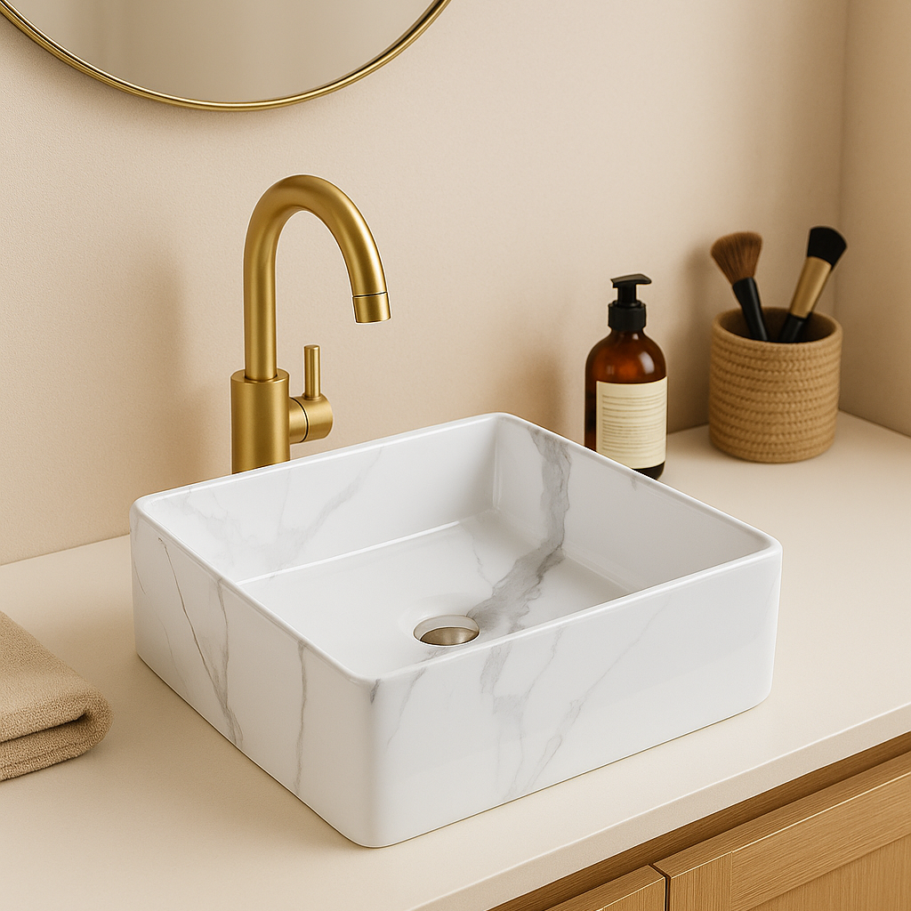 White marble square ceramic vessel sink with brushed gold faucet on a modern bathroom vanity.