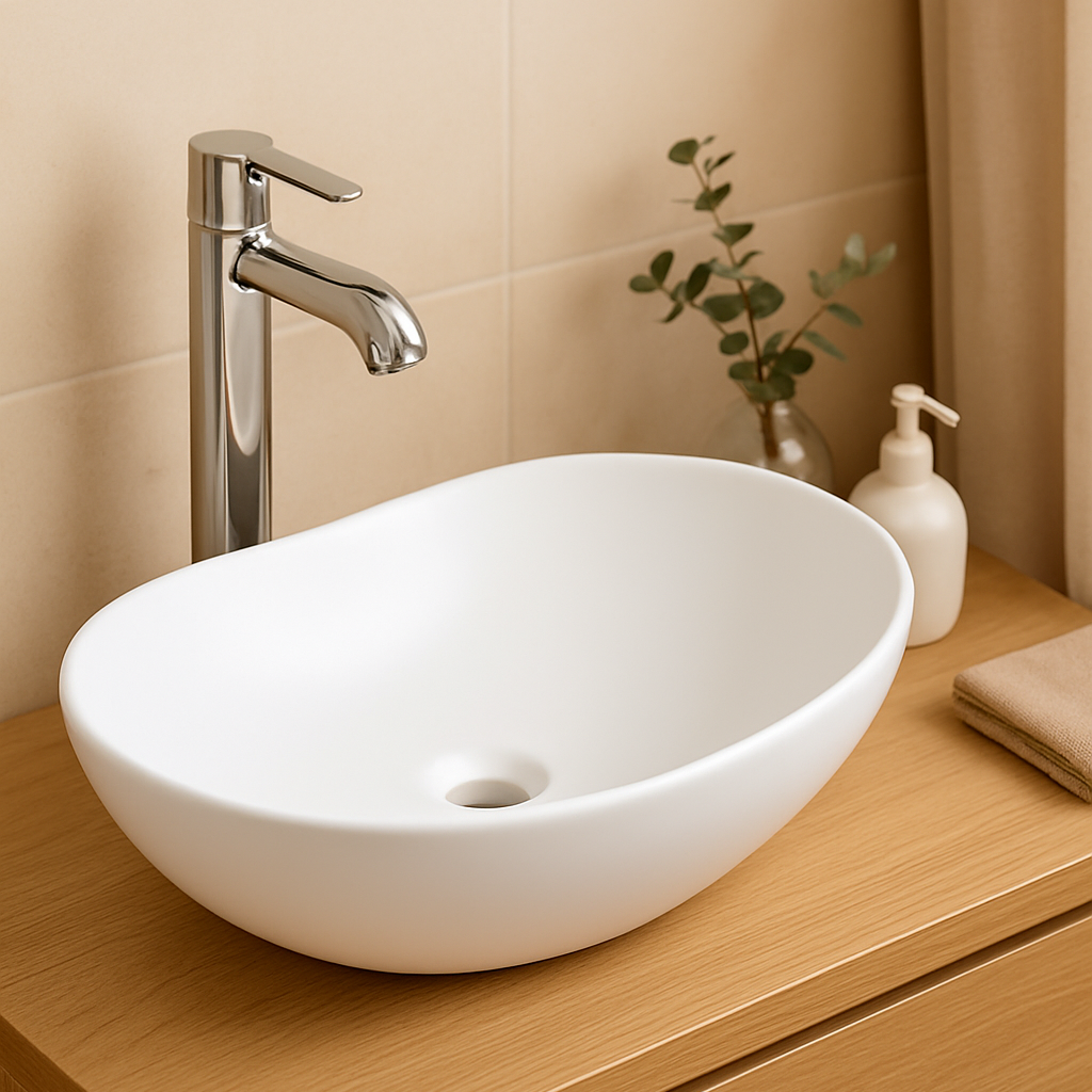 Modern white oval vessel sink with a chrome faucet on a light wood vanity in a beige tiled bathroom.