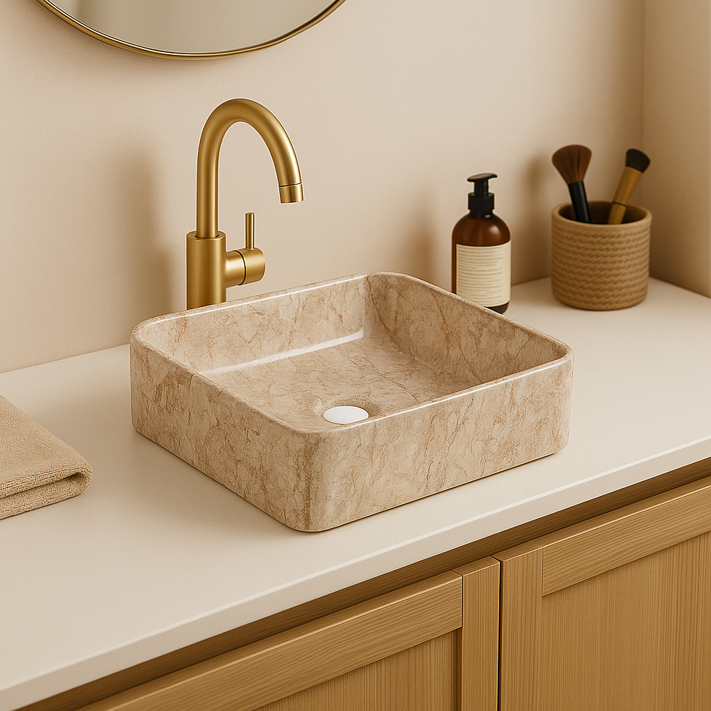 Square beige marble-effect vessel sink with a brushed gold faucet on a modern neutral bathroom vanity.