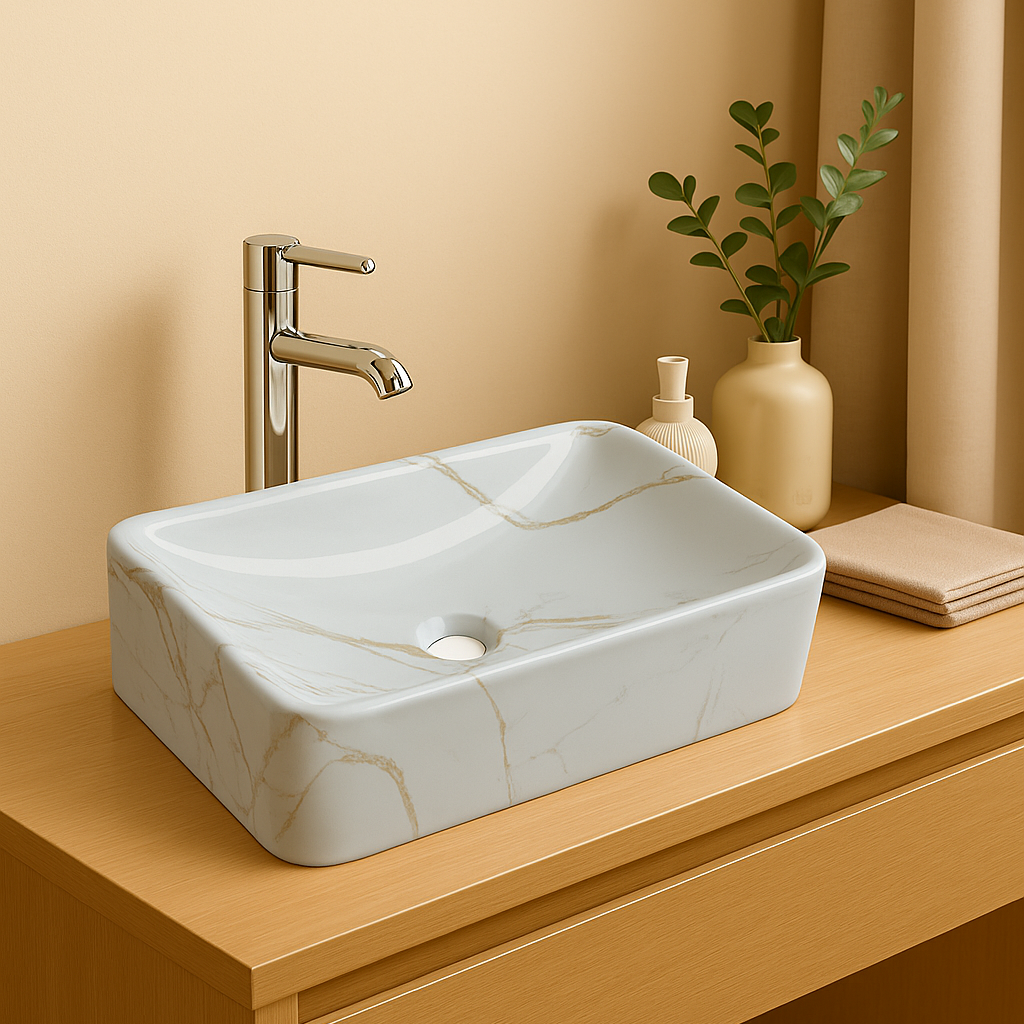 White and gold marble rectangular bathroom vessel sink on a wooden vanity with a chrome faucet.