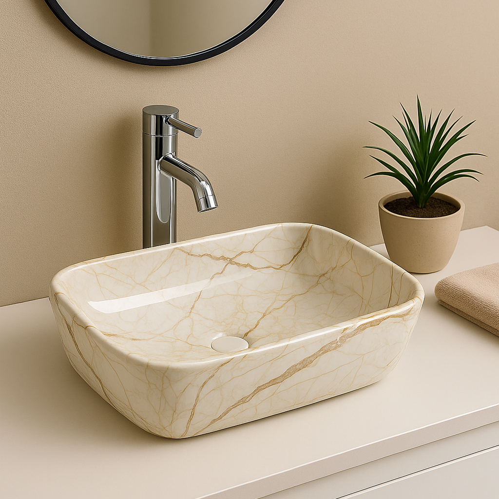 Rectangular beige marble pattern vessel sink on a modern bathroom vanity with chrome faucet.