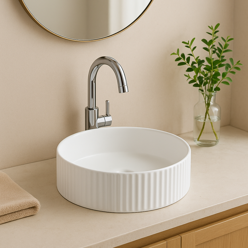 Modern white fluted ceramic vessel sink with polished chrome faucet on a beige bathroom vanity.