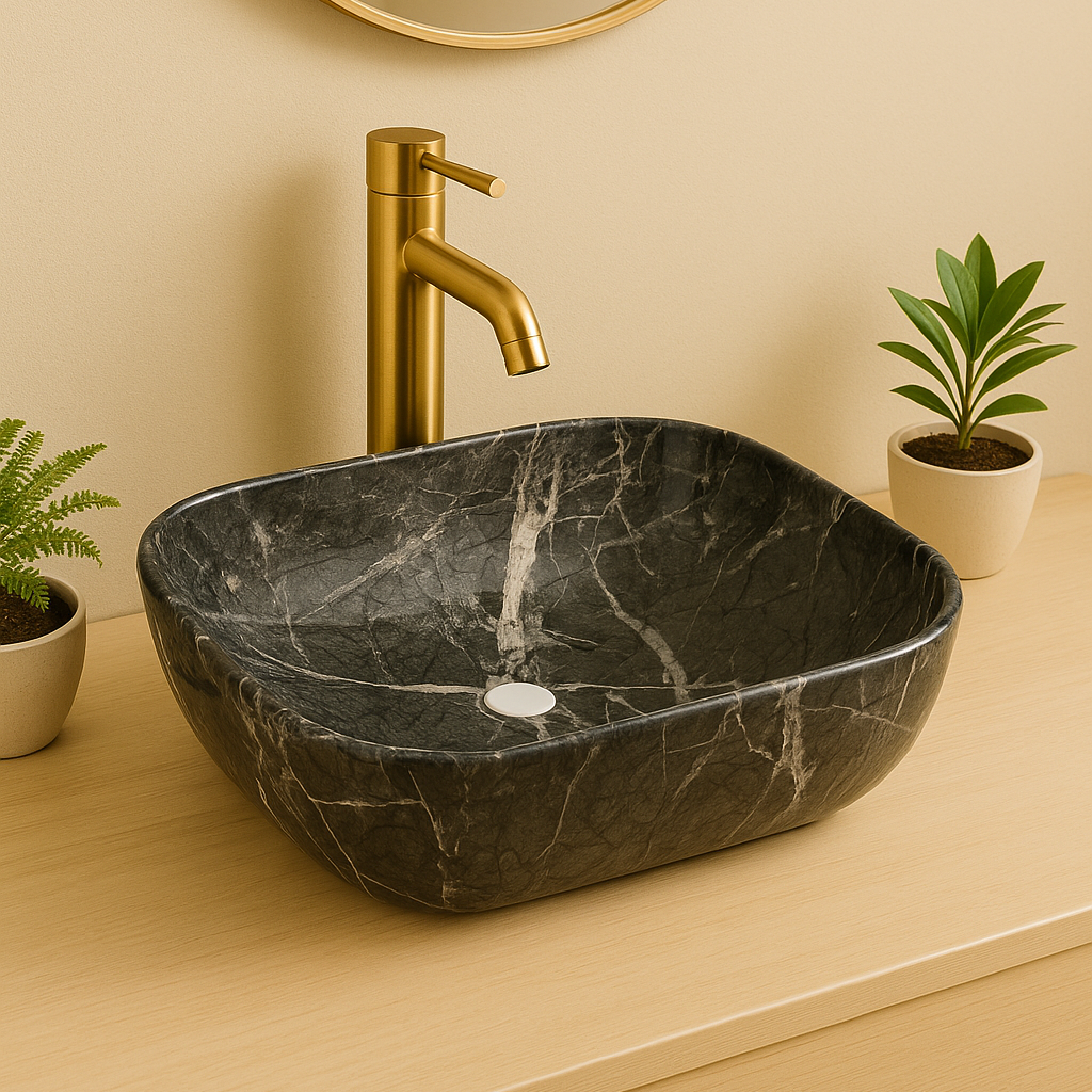 Modern black marble vessel sink with white veining and gold faucet on a light wood bathroom vanity countertop.