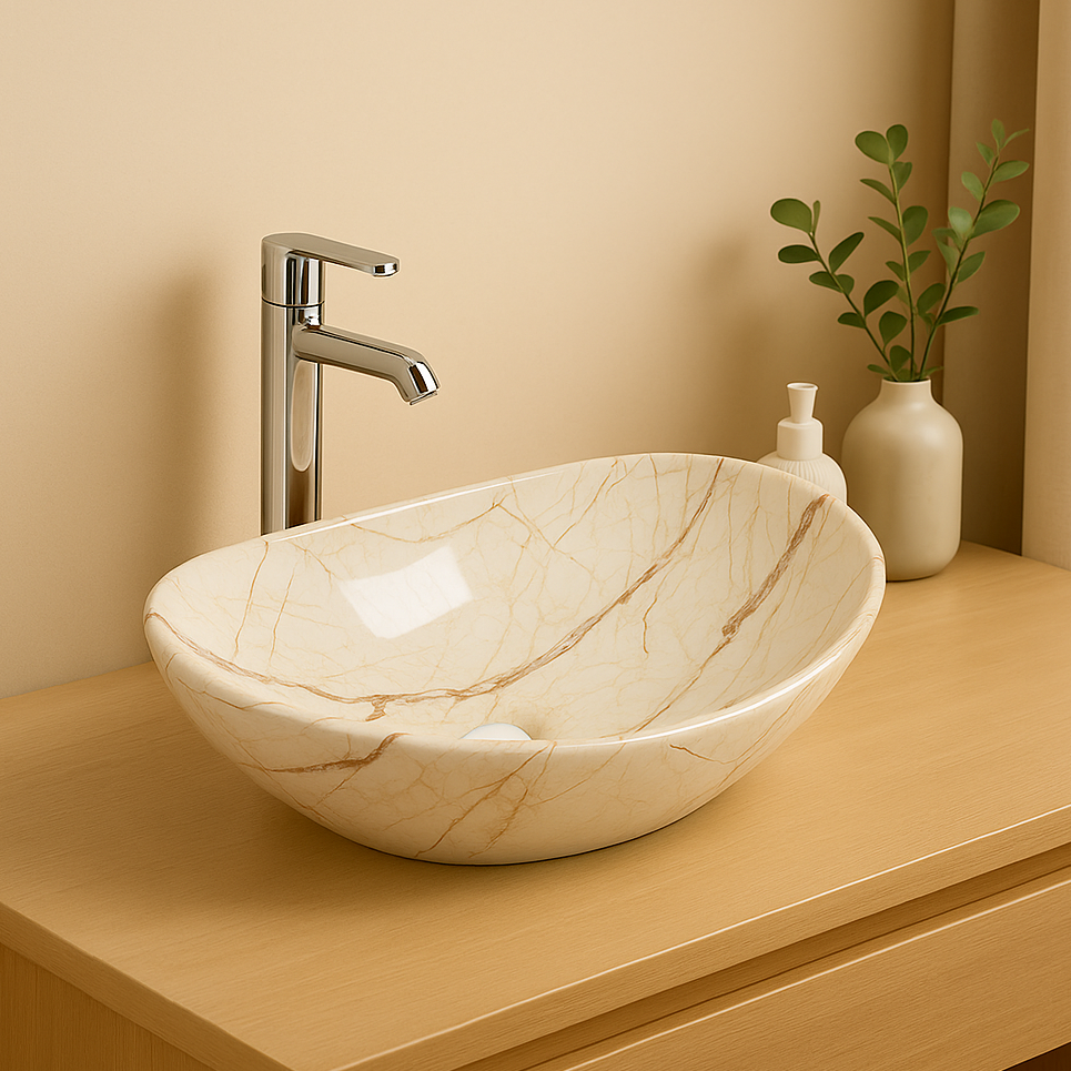 Beige marble oval vessel sink with brown veins on a wooden bathroom vanity with a chrome faucet.