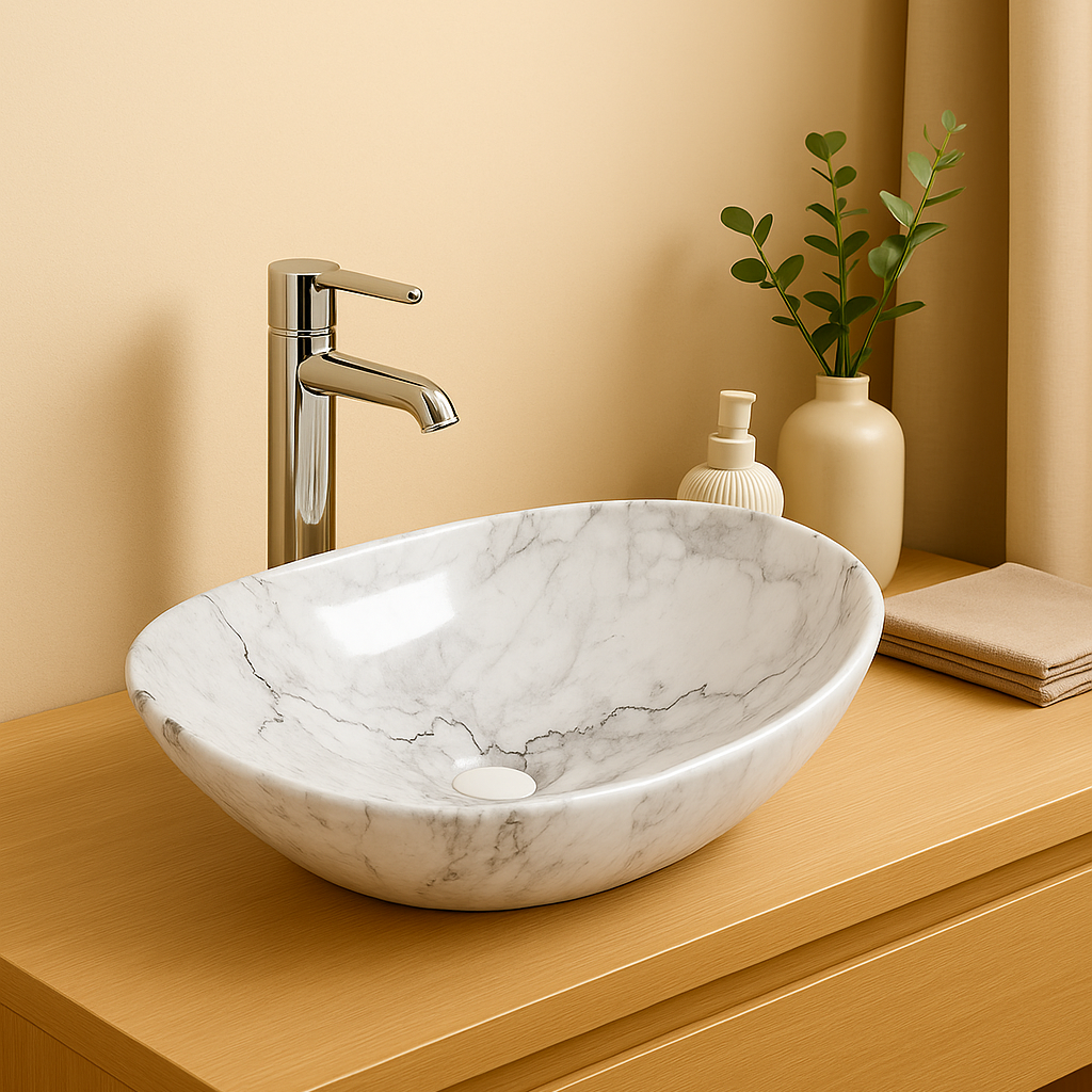 White marble oval vessel sink and chrome faucet on a light wood bathroom vanity.