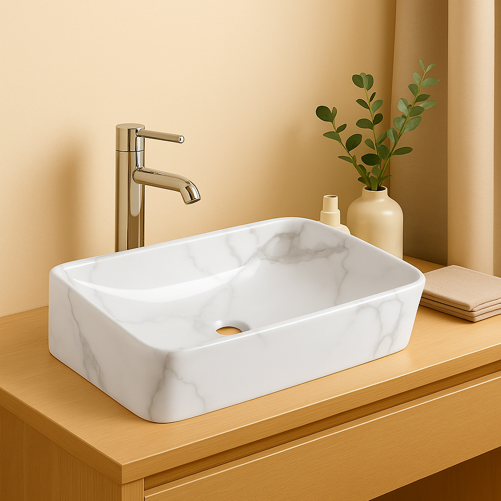 White marble rectangular vessel sink on a wooden vanity with a silver faucet in a modern bathroom.