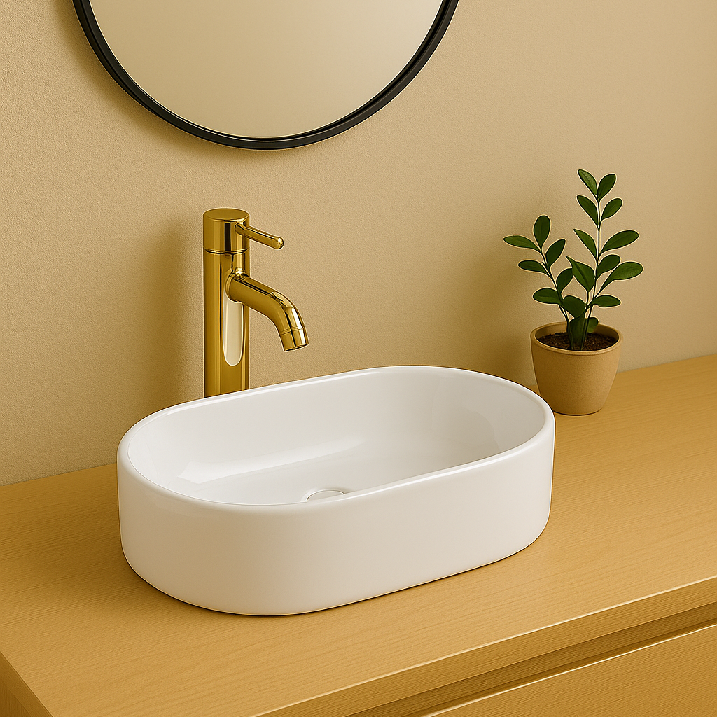 Modern white oval vessel sink with a gold faucet on a tan bathroom vanity countertop.