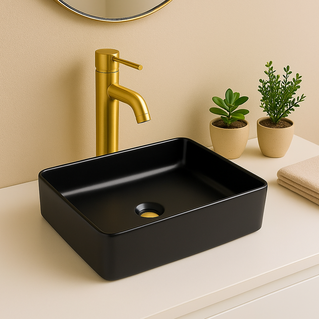 Modern matte black rectangular vessel sink with brushed gold faucet on a minimalist bathroom counter.