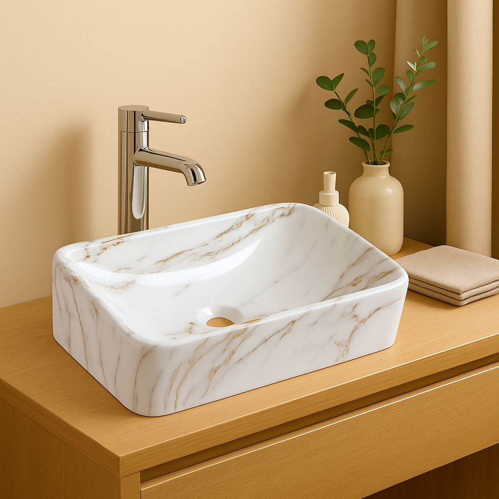Modern rectangular white marble vessel sink with gold veins on wooden vanity with chrome faucet.