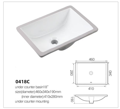 White rectangular under-counter bathroom basin sink, model 0418C, with 18-inch mounting dimensions.