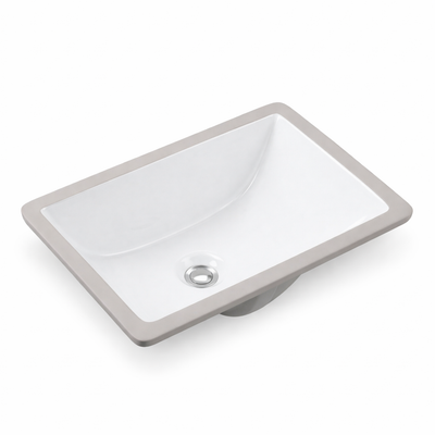 Rectangular white ceramic undermount bathroom sink with a smooth basin and central drain hole for modern vanities.