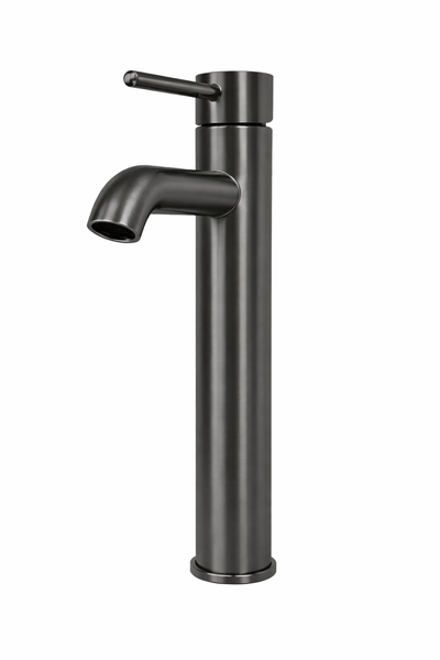Tall brushed gunmetal vessel sink faucet with a single lever handle for modern bathrooms.