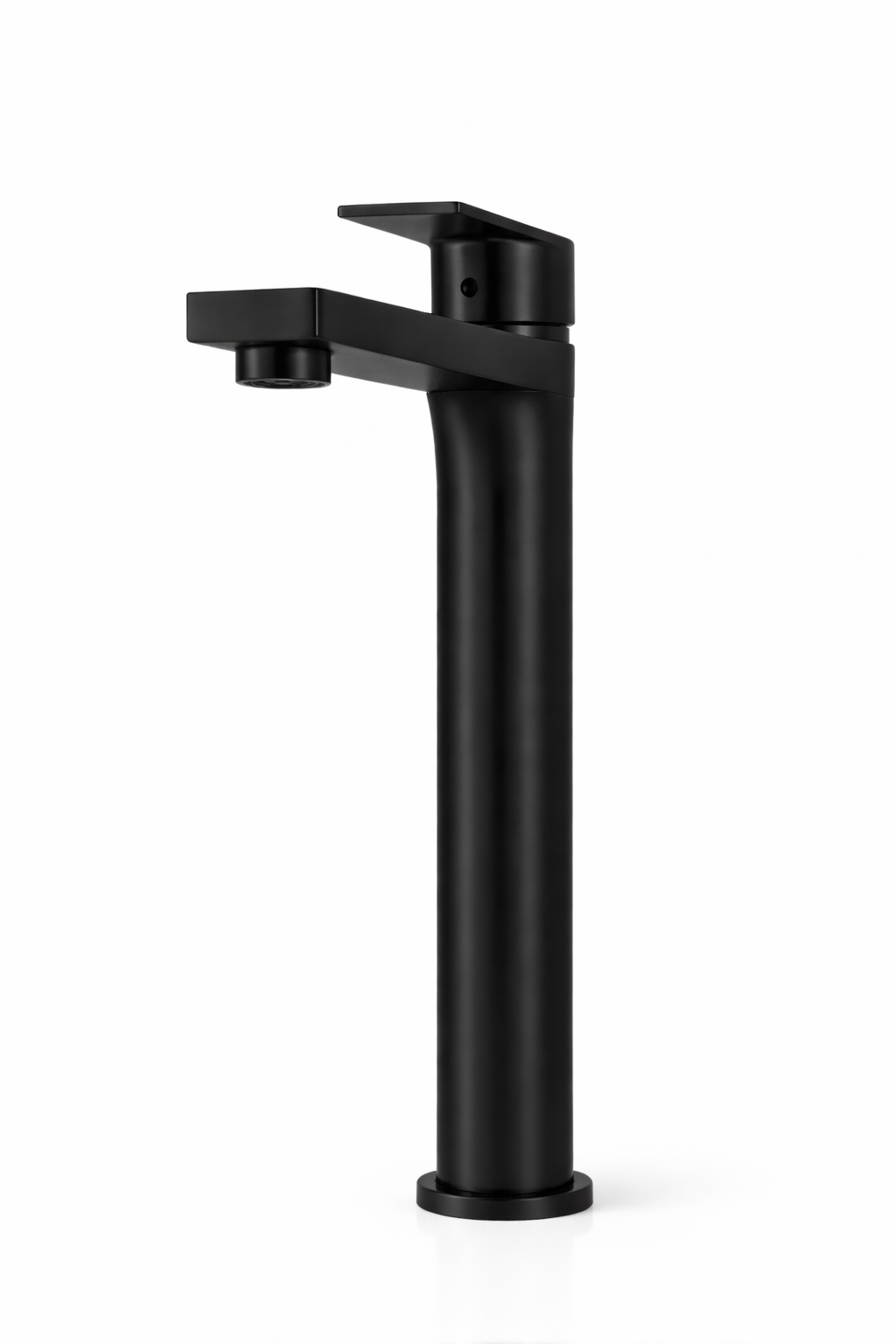 Modern matte black tall vessel sink bathroom faucet with a single handle.