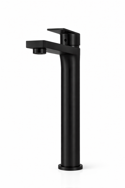 Tall matte black vessel sink faucet with sleek modern design and single-handle lever.