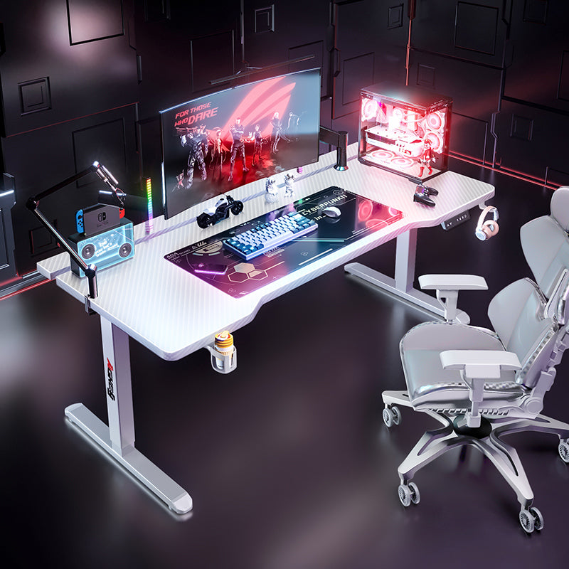 White K1 Electric Standing Desk with textured top, height adjustment controls, cup holder, and sleek white base.