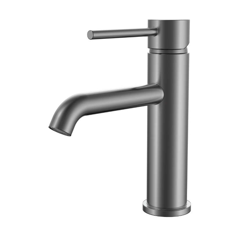Modern gunmetal grey single-handle bathroom sink faucet with sleek cylindrical body, isolated on white.
