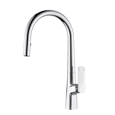 Modern polished chrome gooseneck kitchen faucet with pull-down sprayer and single handle lever.