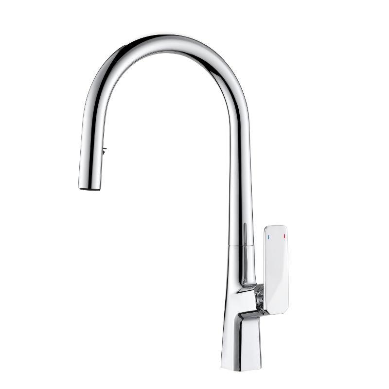 Modern polished chrome gooseneck kitchen faucet with pull-down sprayer and single handle lever.