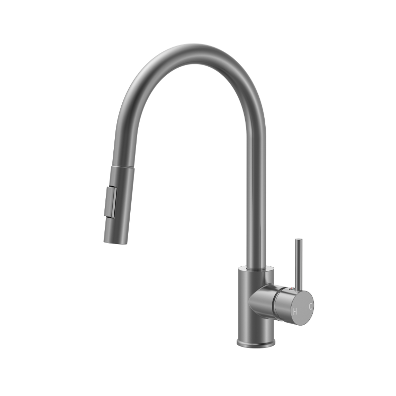 Modern brushed stainless steel gooseneck kitchen faucet with a pull-down sprayer and single handle.