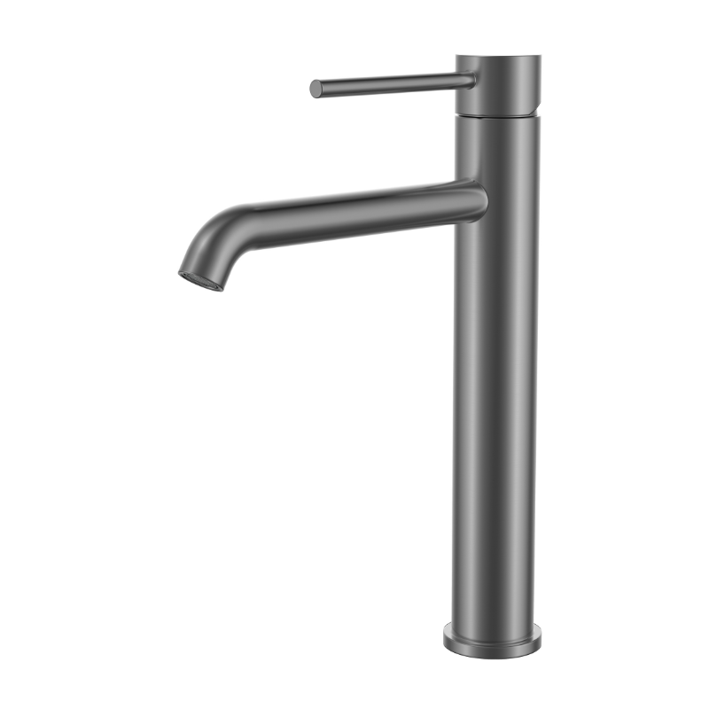 Sleek gunmetal single-handle tall bathroom faucet with curved spout, ideal for modern vessel sinks.