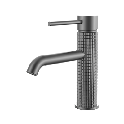 Modern gunmetal single-handle bathroom faucet with a textured, knurled cylindrical body.