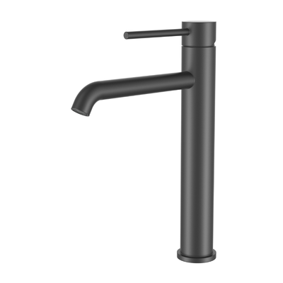 Matte black single-handle tall vessel bathroom faucet with a modern minimalist design for contemporary sinks.