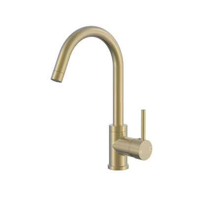 Modern brushed gold gooseneck kitchen faucet with a single lever handle and sleek contemporary design.