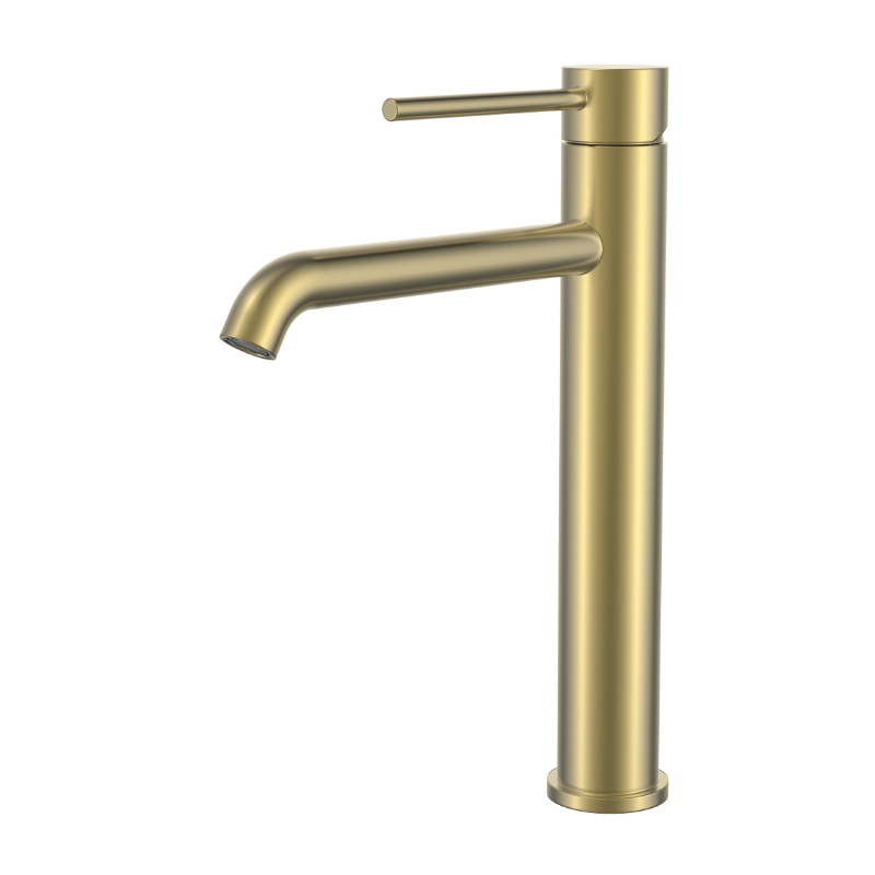 Brushed gold single-handle tall vessel bathroom faucet with a minimalist curved spout.