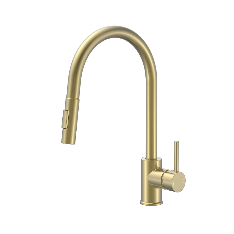 Brushed gold kitchen faucet with pull-down sprayer, high-arc gooseneck design, and single handle.