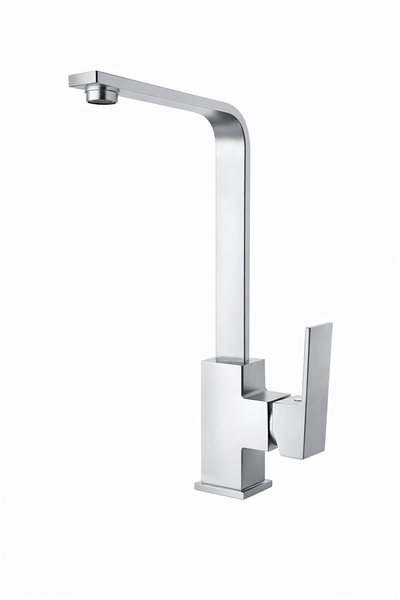 Modern brushed nickel kitchen faucet with square high-arc spout and single-lever handle.