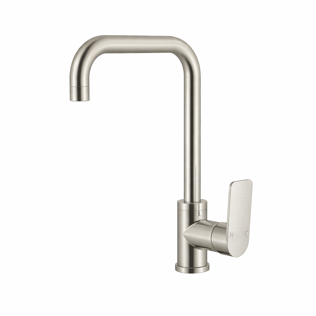 Modern brushed nickel kitchen faucet with a high-arc spout and single lever handle.