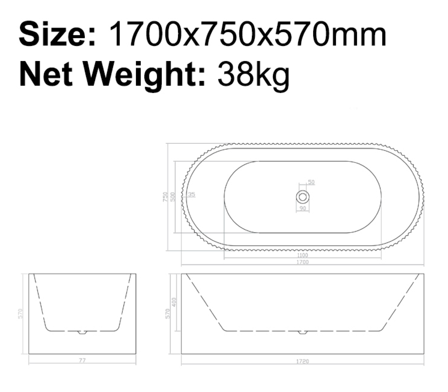 B-7310 Fluted Design Bathtub