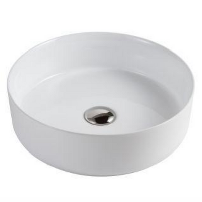 Modern white ceramic round vessel sink for bathroom countertop with chrome drain.