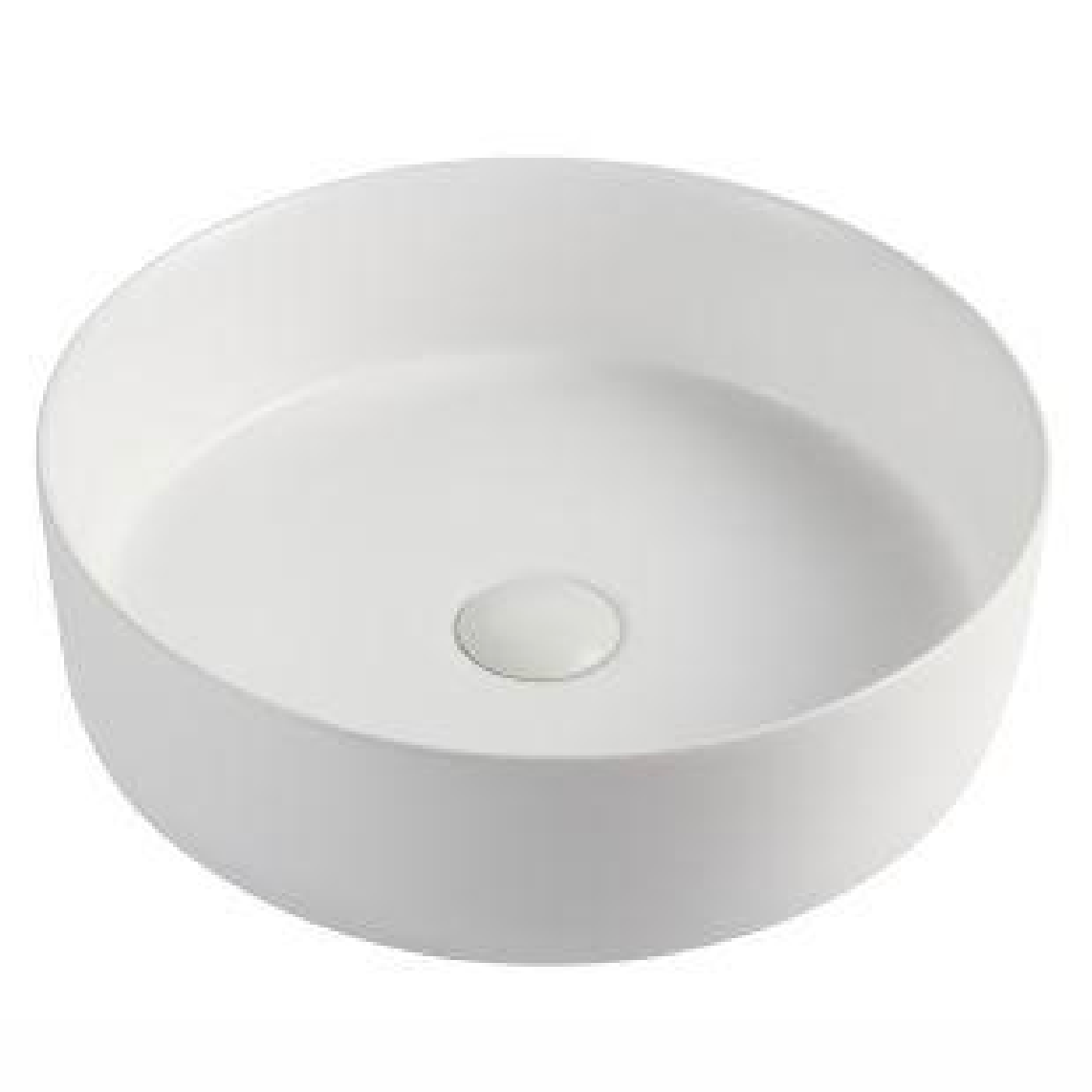 Modern matte white round vessel bathroom sink with matching pop-up drain cover.