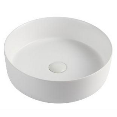Modern matte white round vessel bathroom sink with matching pop-up drain cover.