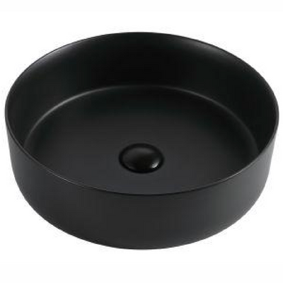 Matte black round ceramic vessel sink for modern bathroom countertop installation.