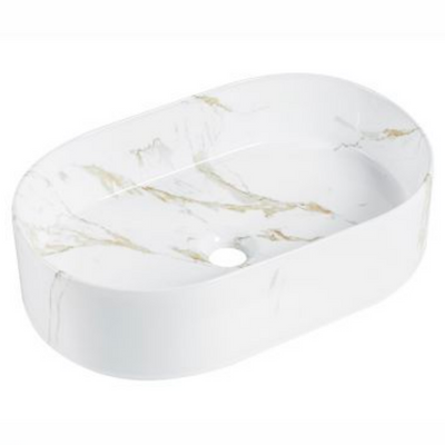 Oval white and gold marble ceramic vessel sink for modern above-counter bathroom vanity installation.