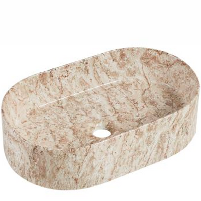 Oval marble-patterned vessel bathroom sink in beige and tan for modern countertop vanities.