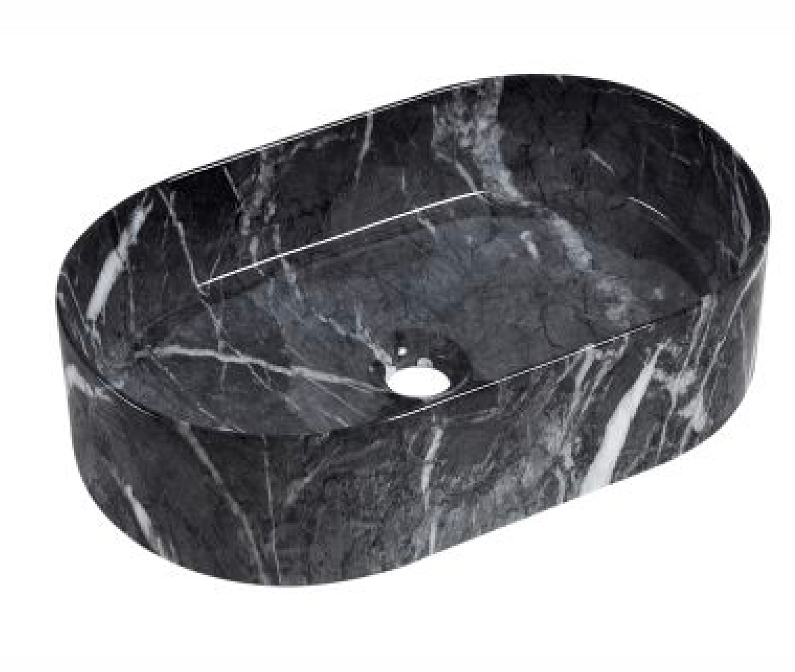 Modern oval black marble vessel sink with natural white veining for bathroom vanity.