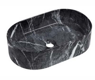 Modern oval black marble vessel sink with natural white veining for bathroom vanity.