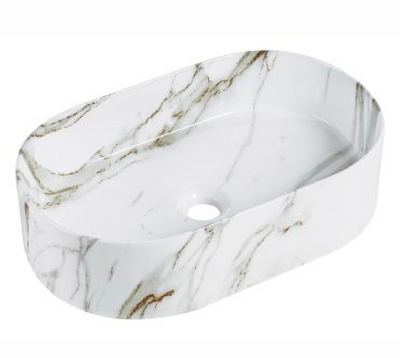 Modern oval white marble vessel sink with grey veining for bathroom vanity countertop.