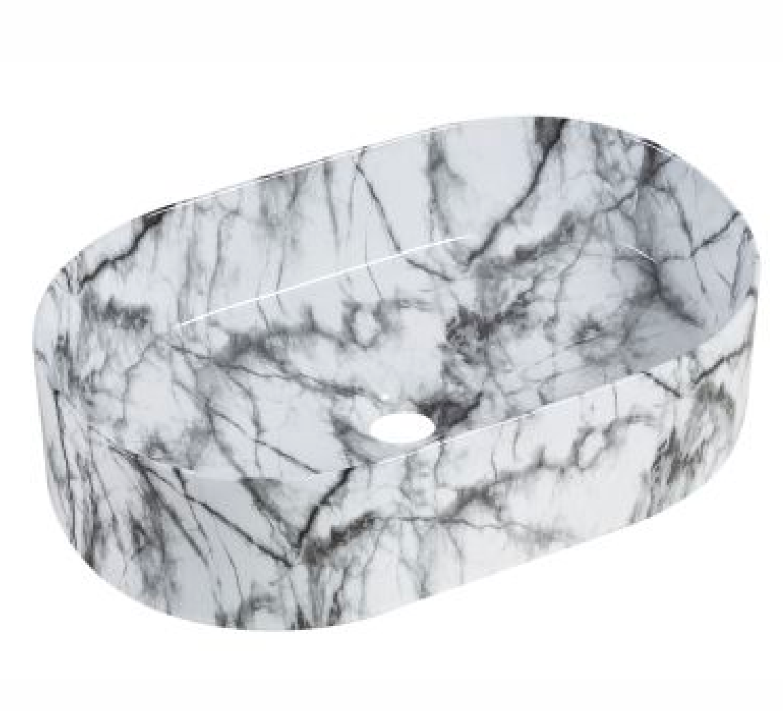 Modern oval vessel sink for bathroom vanity with white and grey marble pattern.