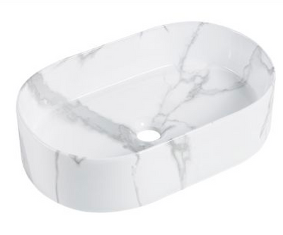 Modern oval white marble vessel bathroom sink with grey veining.