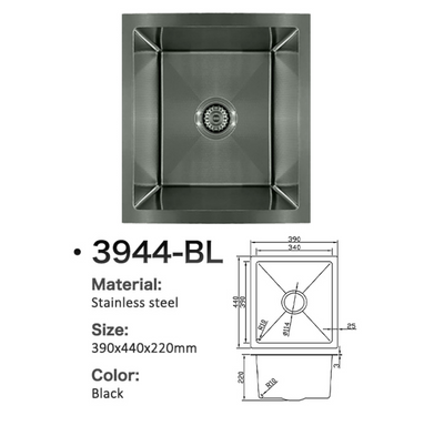 Black stainless steel square kitchen sink 3944-BL, 390x440x220mm, with technical dimension diagrams.