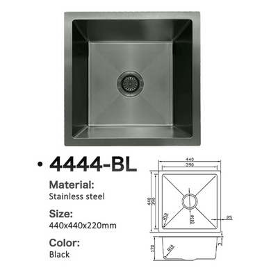 Square black stainless steel single bowl kitchen sink, model 4444-BL, 440x440mm with technical specifications.